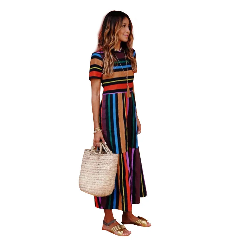 Женское богемное Платье макси с коротким рукавом летнее пляжное платье в полоску