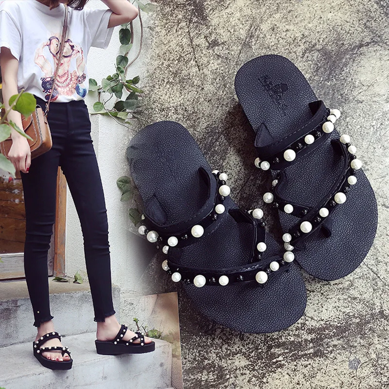 Pearl clip toe sandals mujer anti-skid slippers outside women summer fashion brand platform shoes ladies beach sandalia feminina | Обувь