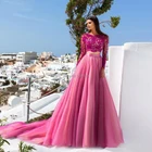 2021 ярко-розовое платье для выпускного вечера из двух частей, кружевное платье в стиле бохо с длинными рукавами, а-силуэта с аппликацией, вечернее вечерние с открытой спиной, длинное фатиновое торжественное