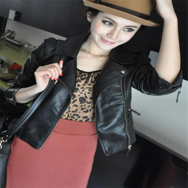 Женская короткая куртка из ПУ кожи черная мотоциклетная в европейском и