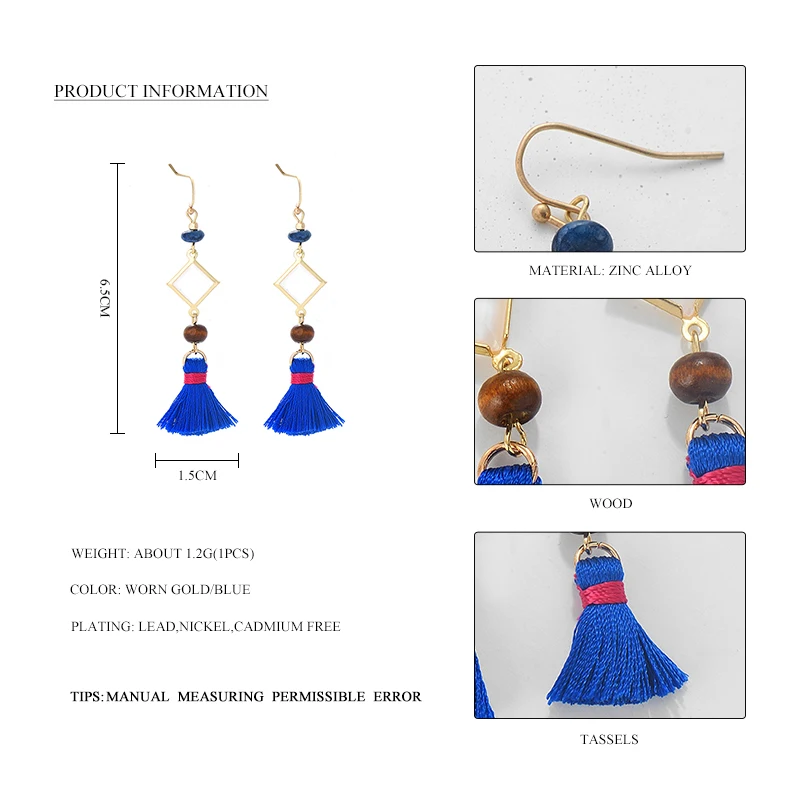 Богемные синие висячие серьги с кисточками для женщин элегантные деревянные