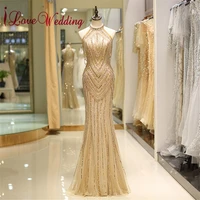 new arrival luxury gold beaded evening dresses custom made trumpet sleeveless formal long evening gown 90725