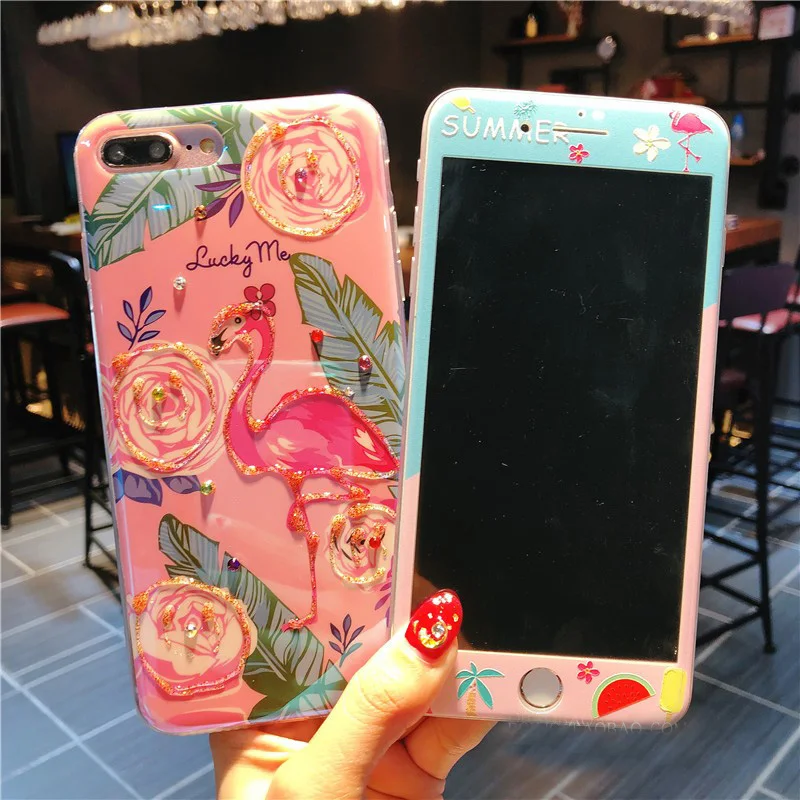 Для iphone 7 plus роскошные чехлы для телефона с фламинго чехол + закаленное стекло