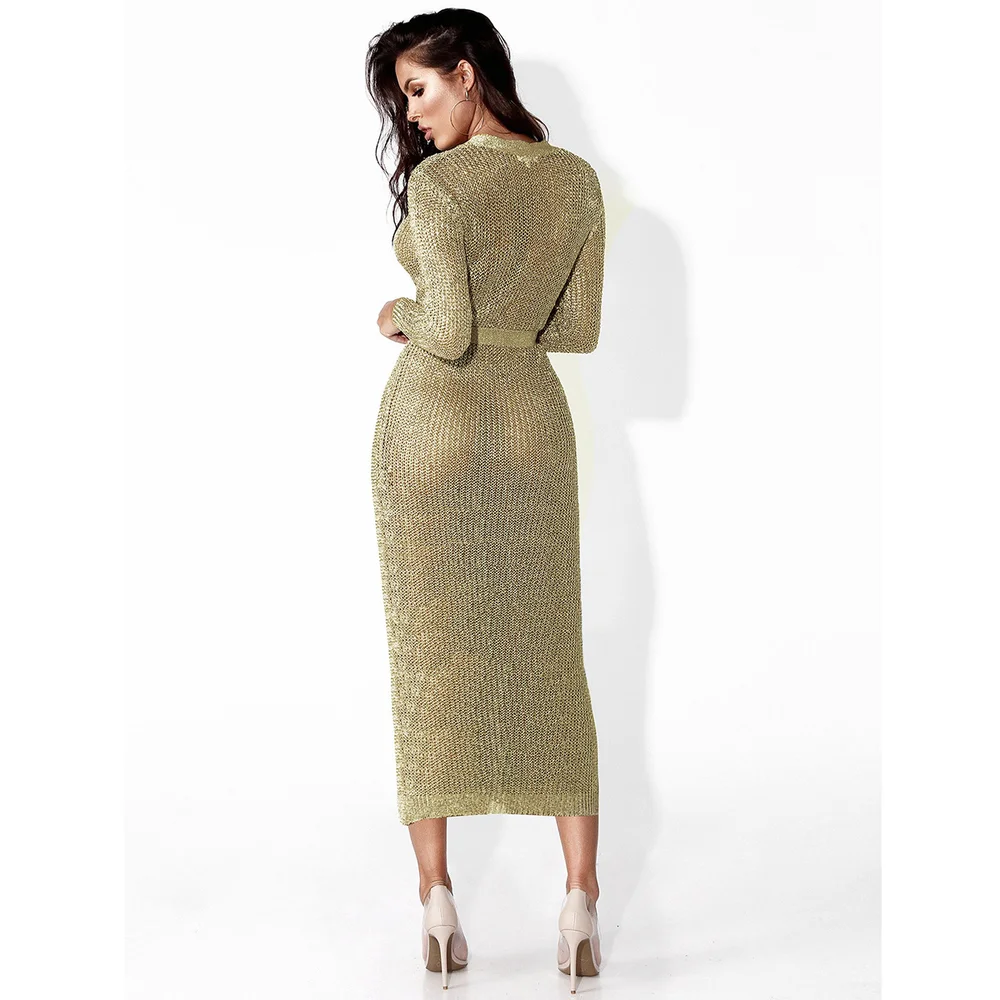 LXUNYI 2019 Thin Hollow Out Gold Knitted Cardigan Women Sashes Open Stitch Femme Tricot Long Cardigans For Sleeves |