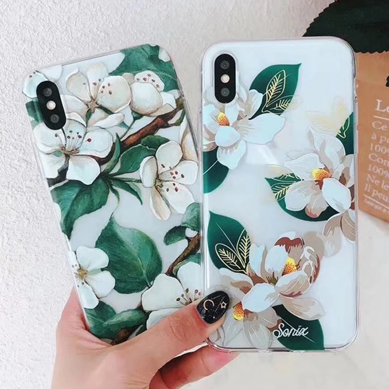 WOTP Summer Banana Leaf Daisy Flowers Soft TPU Phone Case For iphone X 6 6S 7 8 Plus Cute Cartoon cape jasmine flower Back Cover |