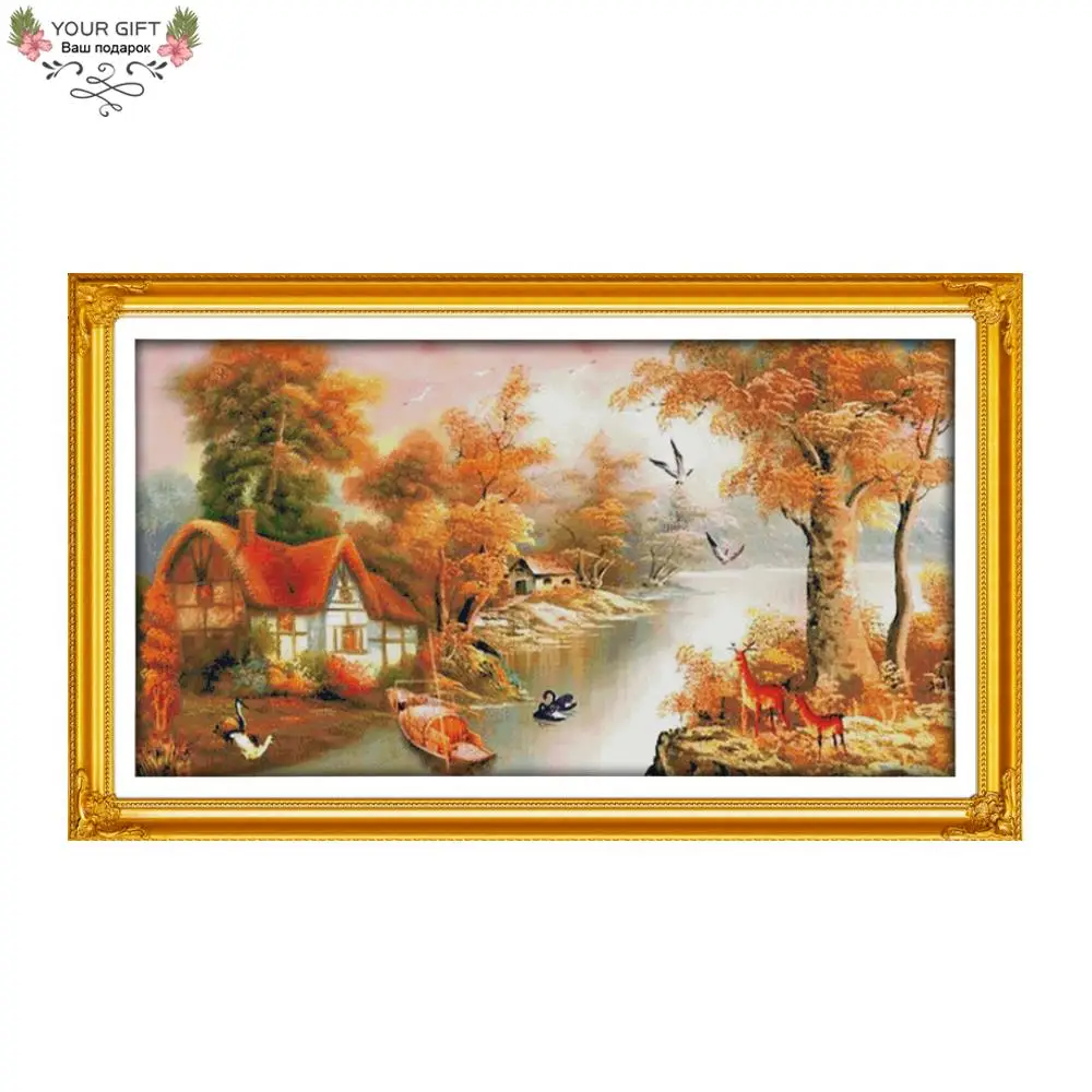 Домик Joy Sunday с горами и рекой украшение для дома F425 14CT 11CT наборы вышивки крестиком