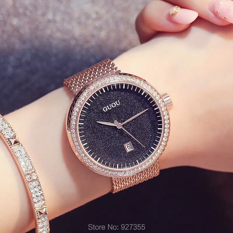 Женские Наручные Часы GUOU стильные часы под платье Небесно Голубой Кристалл