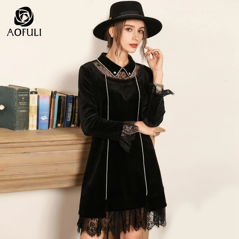 AOFULI M ~ 4XL 5XL Винтаж Хепберн Стиль зима для женщин вельветовое платье жемчужные