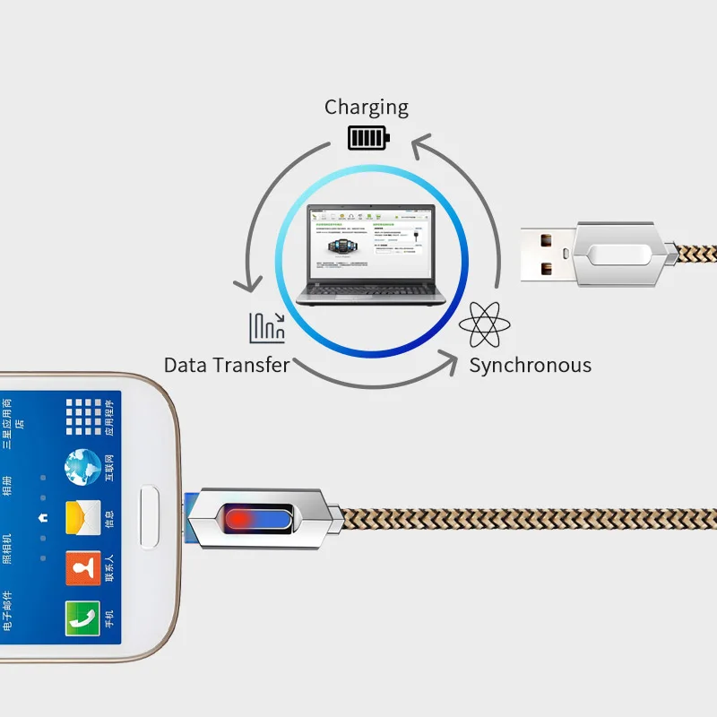 Кабель STONEGO светодиодный кабель USB Type C и Micro адаптер в нейлоновой оплетке для