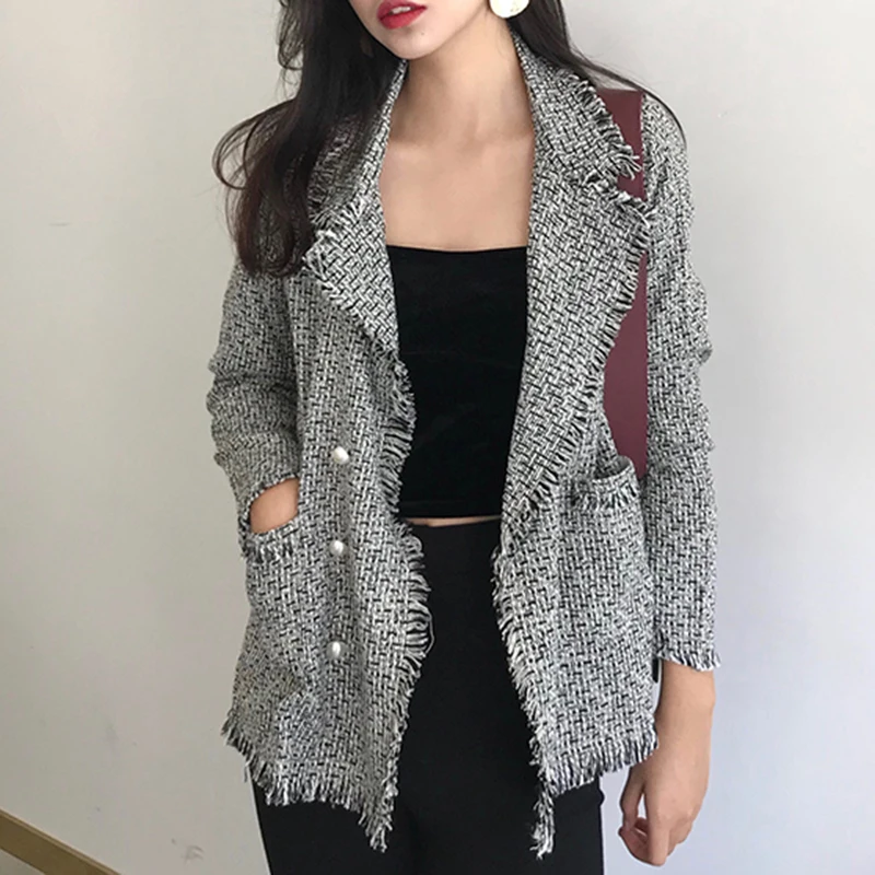 PERHAPS U women black pink plaid tweed outerwear pocket button turn down collar tassel burr blazer C0099 |