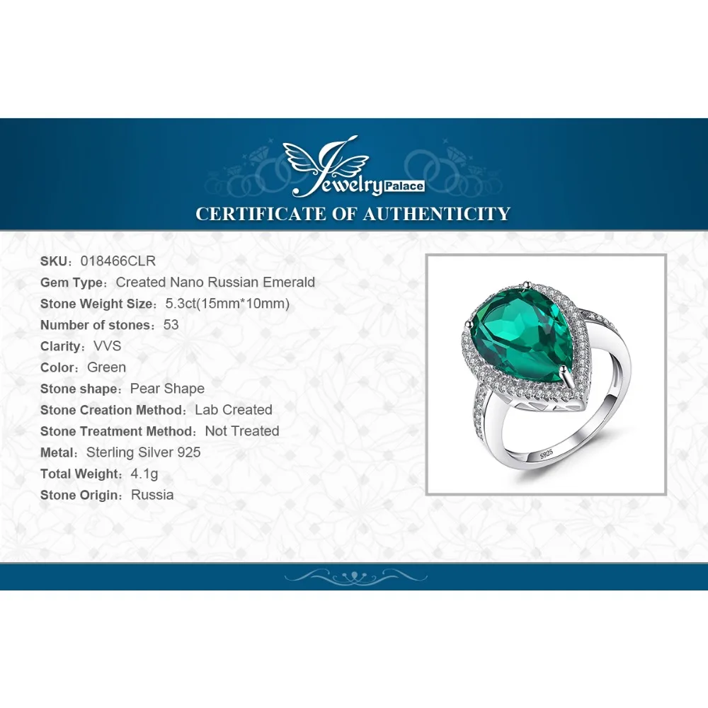Jewelrypalace Роскошные Груша Cut 4.9ct создан ИЗУМРУД SOLID 925 серебро Обручение кольцо для