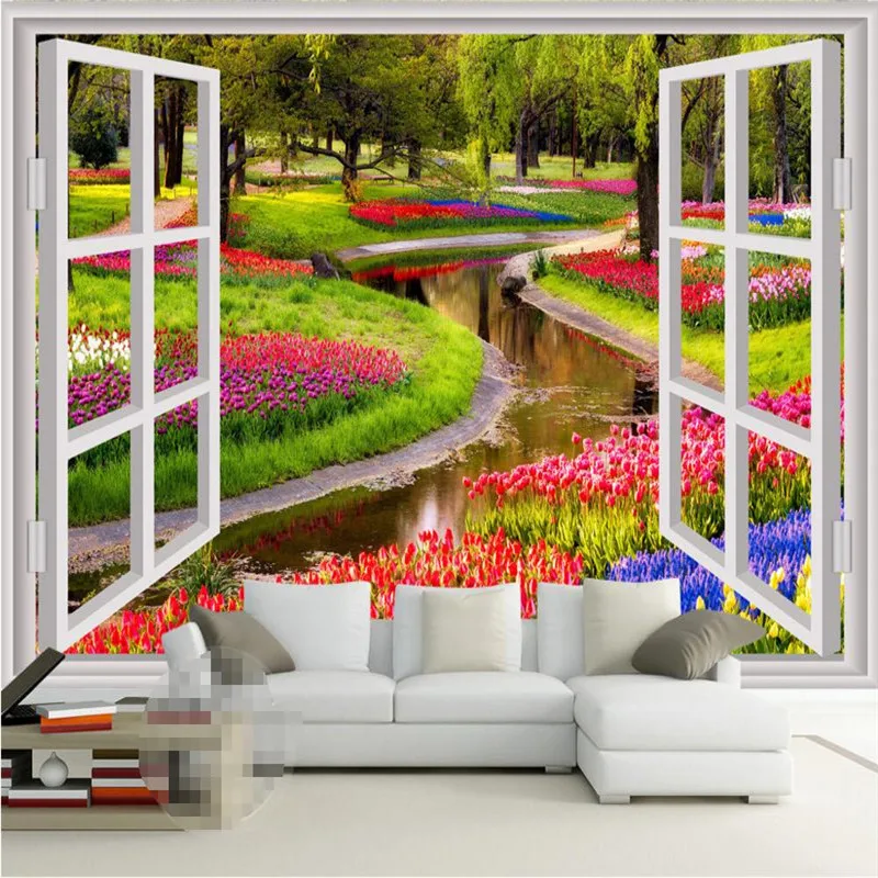 

beibehang Wallpaper 3D Stereo Large Murals False windows /green flowers creek living room sofa bed bedroom flash silver cloth