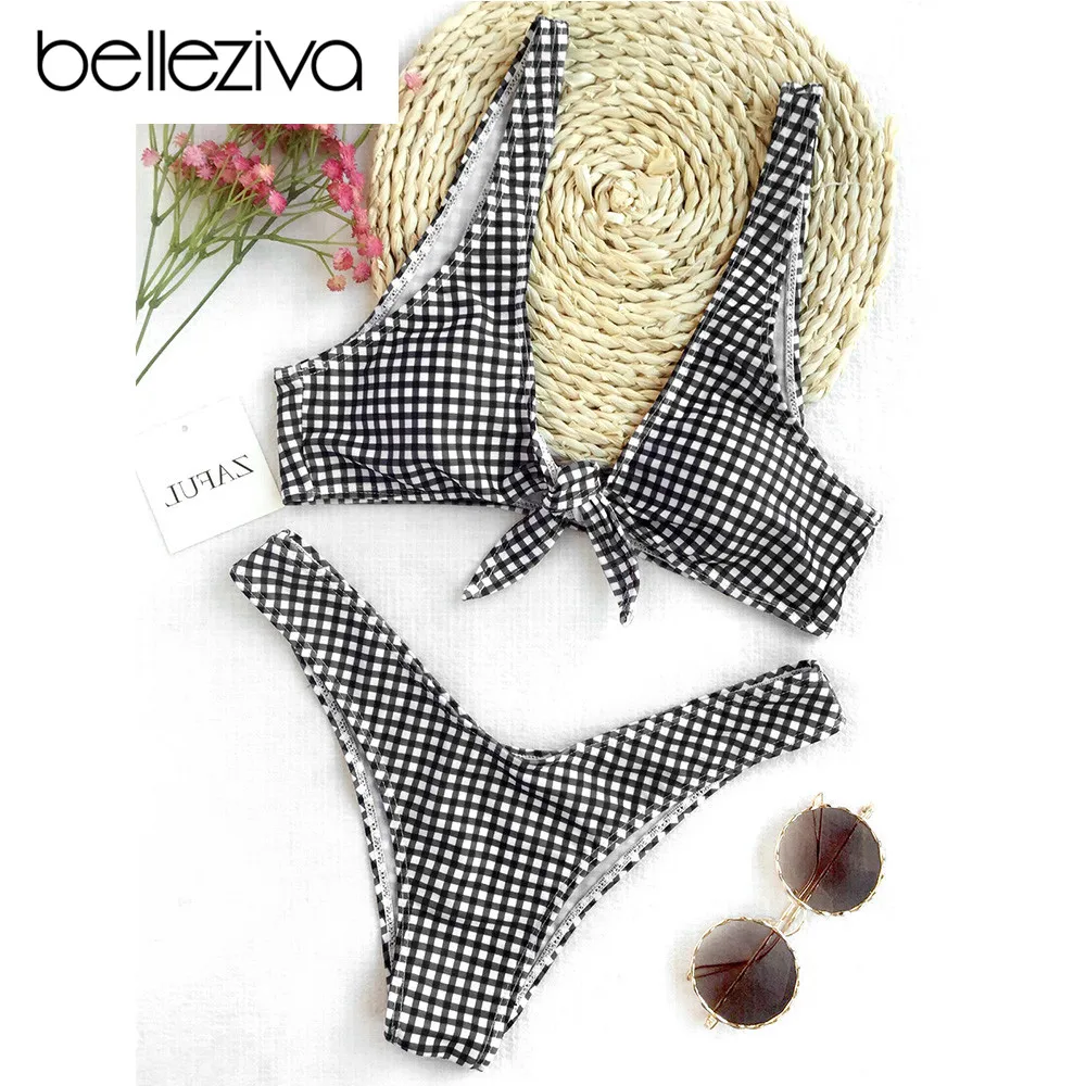 Женский комплект бикини Belleziva купальник в клетку с завязками спереди и глубоким