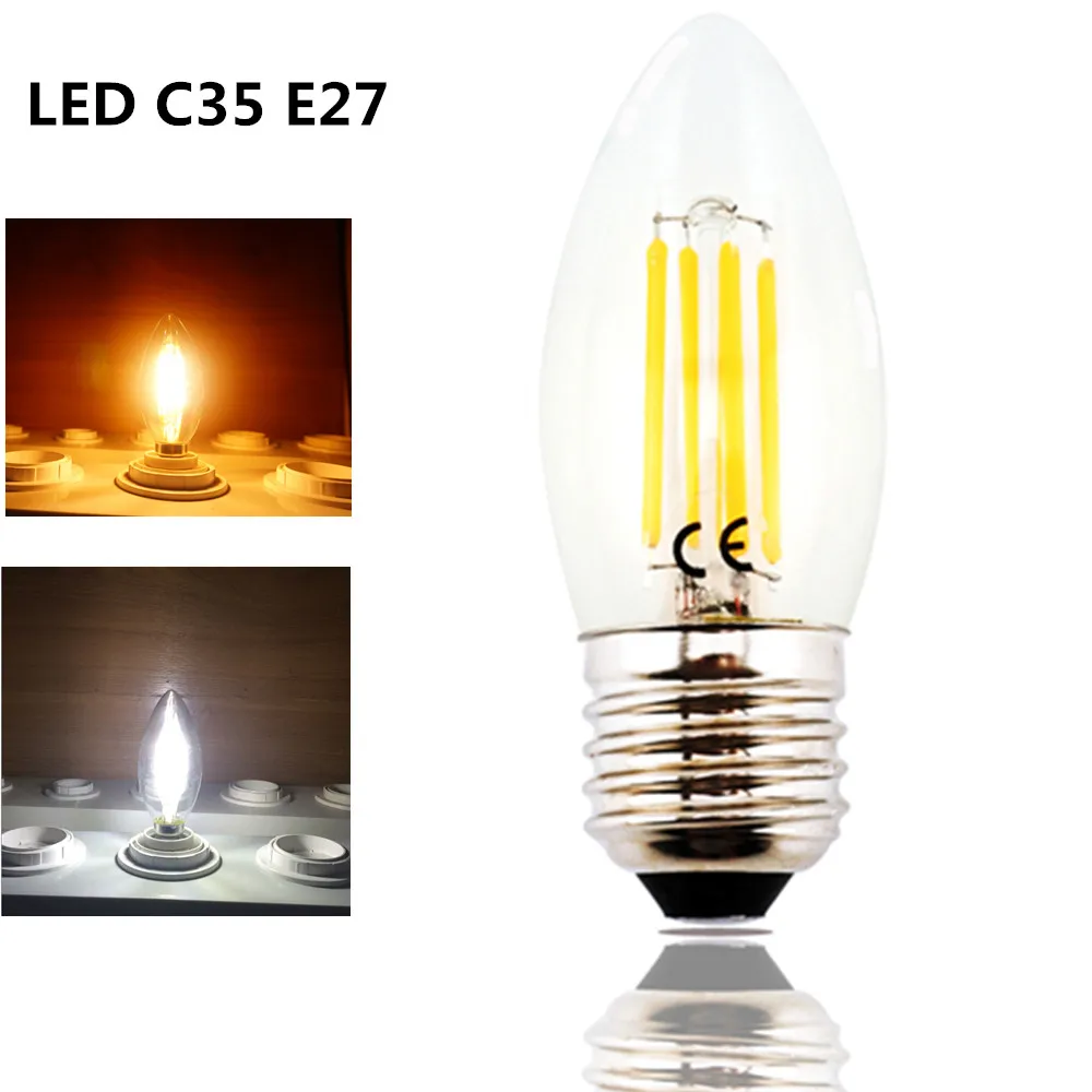 4W 220V светодиодный C35 E27 нити светильник лампочка Средний резьбовой цоколь