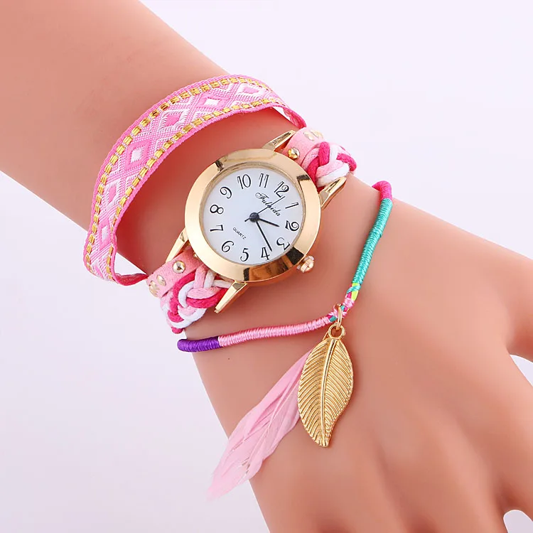 100 шт./лот эксклюзивные кожаные часы с большим пером модные плетеные женские