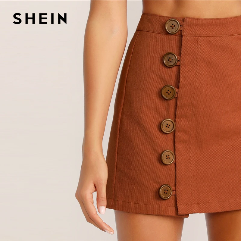 SHEIN юбка с пуговицами спереди, корейский стиль, коричневая, высокая талия, трапециевидная юбка,, весна-лето, Женская мини-юбка