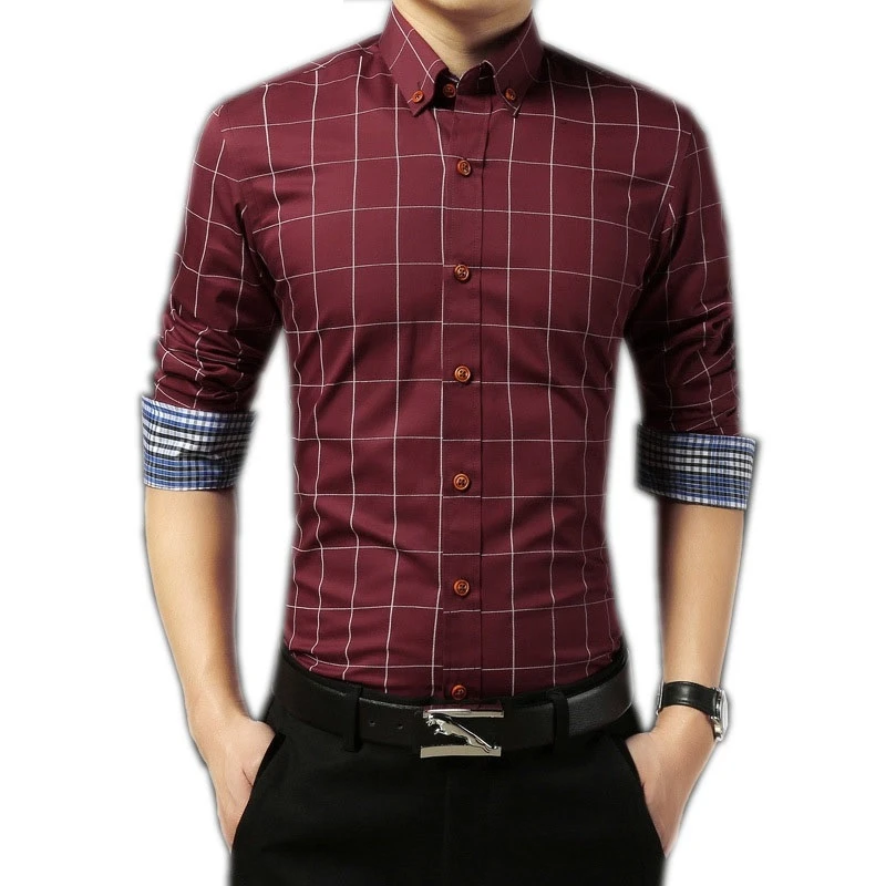 Модная брендовая мужская одежда Slim Fit для мужчин рубашка с длинными рукавами