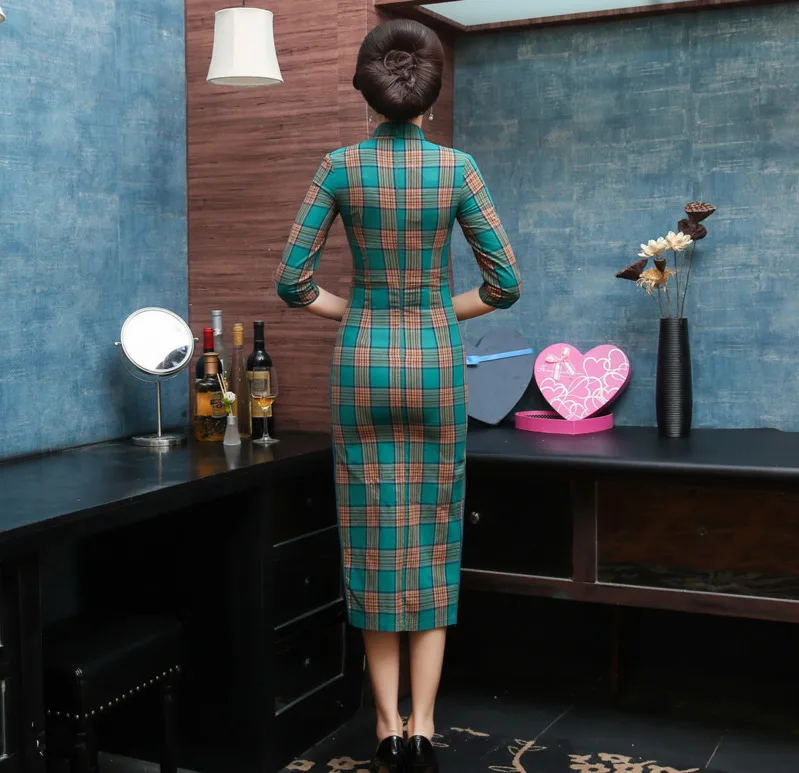 Sheng Коко Женская Полосатая сетка Qipao традиционный ченсам китайское платье решетки Восточная Ципао вечерние длинные Qi Pao платья