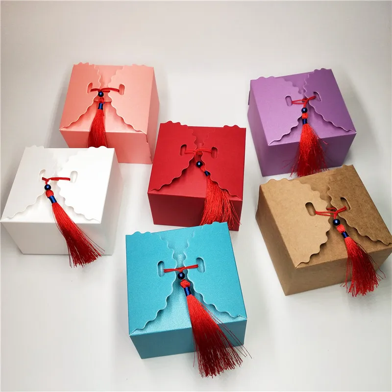 

12pcs 9x9x6cm 6 color Paper Candy Boxes +Red tassel,Pure White Gift Carton Box Handmade Gift Favor Box