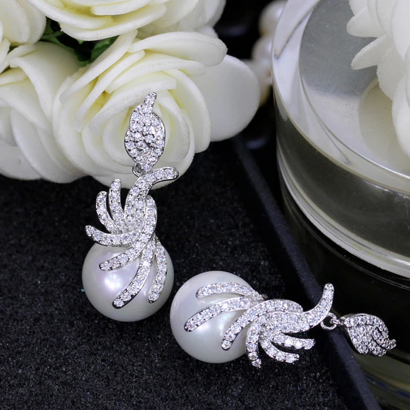 BlingZircons новые серебряные Цвет кубического циркония инкрустированный камнями мода, белый жемчуг серьги падение серьги для Для женщин подарок E169
