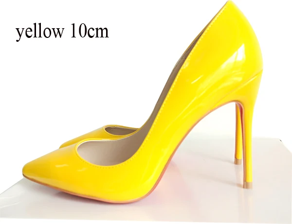 yellow 10cm Высококачественные женские туфли-лодочки из натуральной кожи Свадебные Вечерние туфли на высоком тонком каблуке 8 см, 10 см, 12 см большие размеры 34-45 - Цвет: yellow 10cm