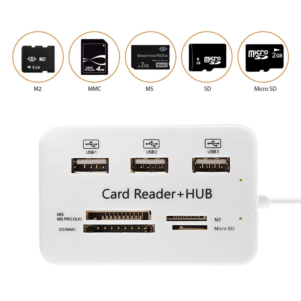 

Zeadow Universal High Speed 480Mbps External 3 Ports USB 2.0 USB Hub Memory Card Reader For MS Micro SD SD/MMC M2 TF Cards