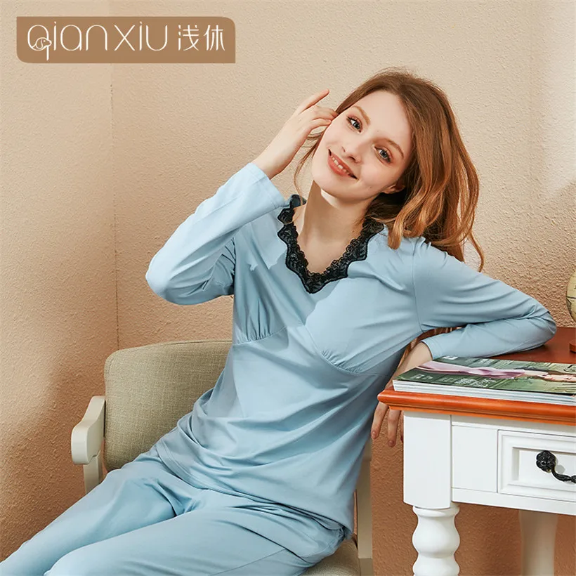 

Women Sleepwear autumn Female lace splice Pajamas Sets Thin laides Suit long Sleeve Pyjamas Woman simple V-neck Home Clothes
