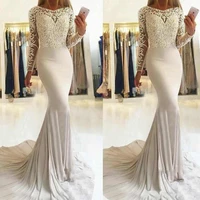 2021 elegant white lace mermaid prom dresses scoop neck long sleeves appliques dresses long formal party evening dresses
