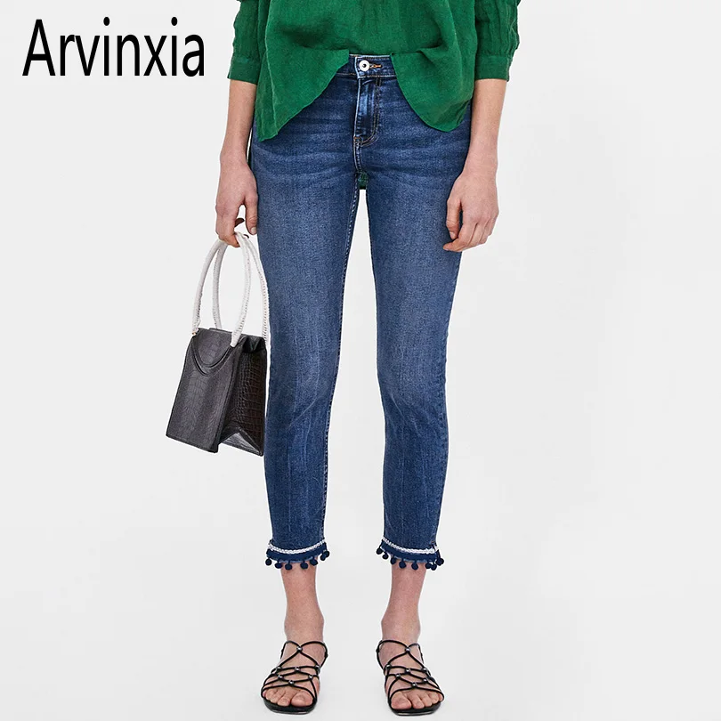 Arvinxia модные однотонные обтягивающие прямые женские джинсы с кисточками