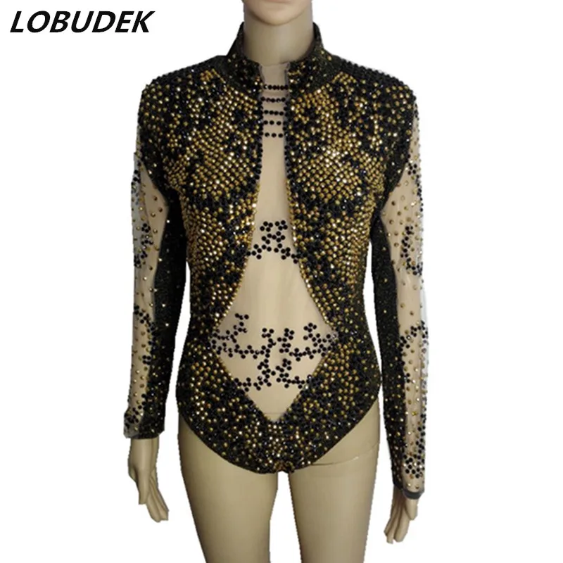 Sparkly Gold Black Rhinestones Perspective Bodysuit Women Vintage Costume Bar Nightclub Singer Stage Performance Stage Bodysuits