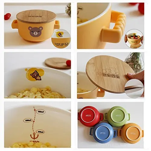 UPSTYLE Large Noodle Bowl Big Cute Cartoon Ceramic Soup Animal Pattern Cup Travel Mug with Bamboo Lid and Handle for Rice | Дом и сад
