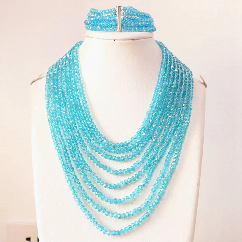 

HOT sky blue crystal glass 4x6mm beads fashion diy jewelry set 8 rows chain necklace 5 rows bracelet B854