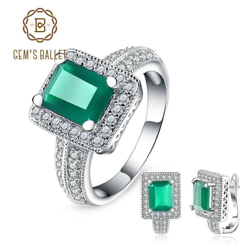 

GEM'S BALLET 6.15Ct Emerald Cut Natural Green Agate Gemstone Jewelry Set 925 Sterling Silver Earrings Ring Set For Women Wedding