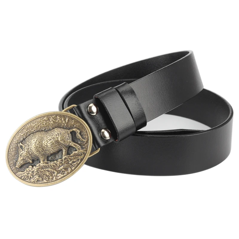 Genuine Leather male metal  belt buckle fashion strap for men gift belt Wild boar pattern