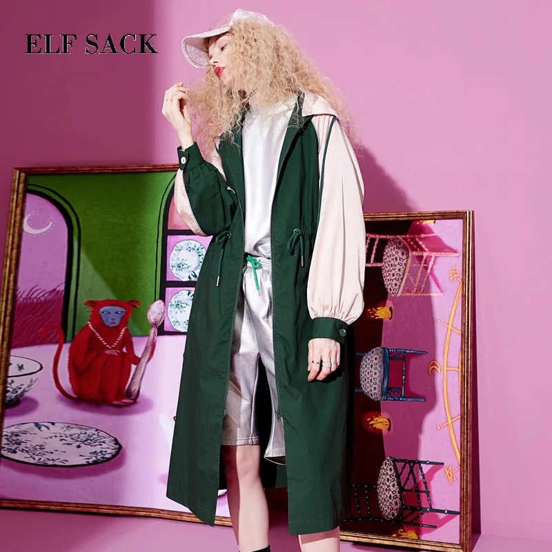 ELFSACK, весенний Женский Тренч, пальто s, повседневное, из кусков, с широкой талией, с капюшоном, пальто, негабаритный, на молнии, Женский Тренч