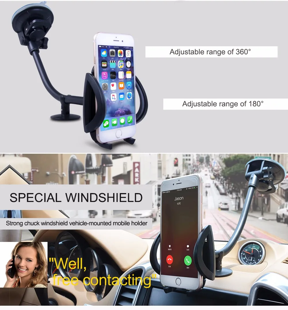 Универсальный автомобильный держатель для телефона, длинная рука, подставка для крепления на лобовое стекло, вращение на 360, держатель для мобильного телефона для iPhone 7, 5S, 6s Plus, samsung