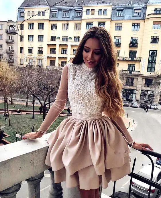 Vestidos de gala Эротическое с бисером нарядное платье с открытой спиной Платья с высоким воротом с длинным рукавом многоуровневые платья выпускного вечера кружевные вечерние платья