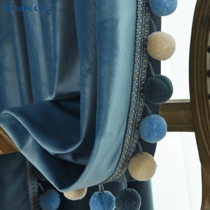 Бархатные занавески с помпонами шторы высоким затенением для гостиной