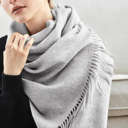 Теплый зимний шарф из 100% чистой шерсти Женская однотонная Толстая Макси шаль