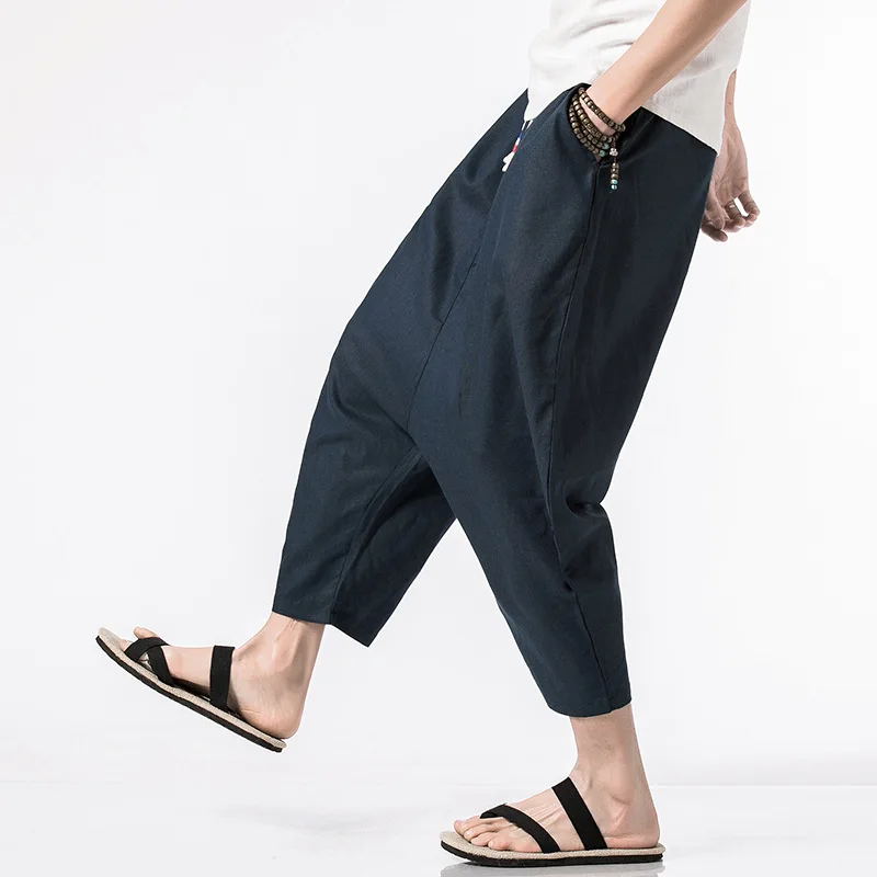 

Summer Cropped Trousers Chinese Linen Long trousers for Men Harem Pants Bermuda Casual Short Pants