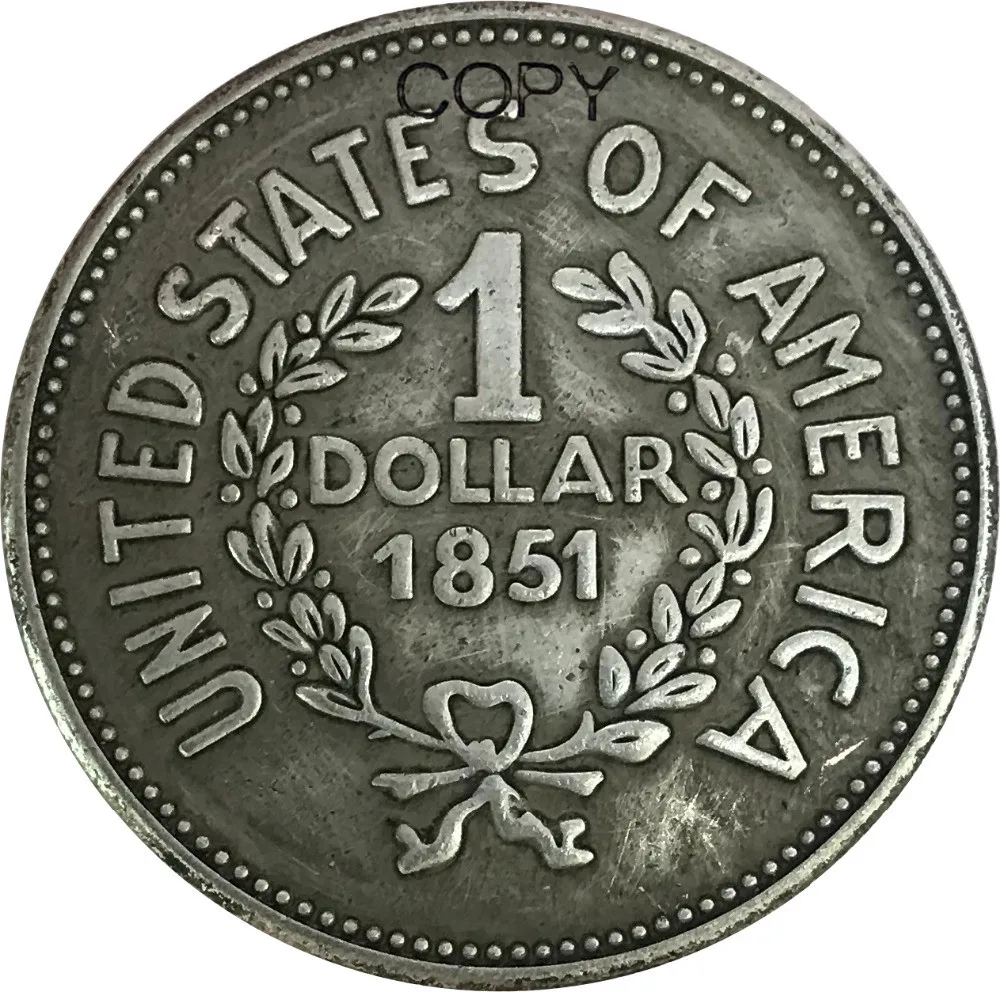 1851 Brass Plated Silver Copy Coin - United States of America 1 One Dollar Indian Head Token image 2