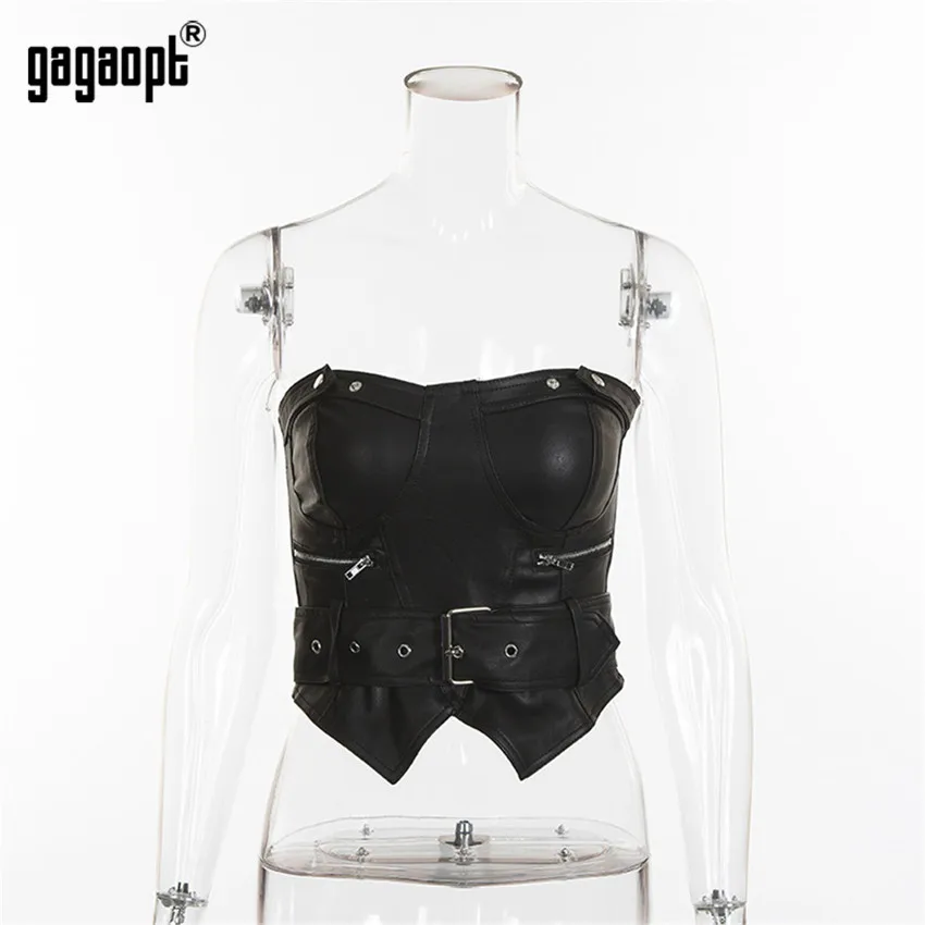 Gagaopt, летние женские Топы Harajuku, короткий топ, модный, с открытыми плечами, кожаный сексуальный топ с поясом, вечерние, для клуба, уличная одежда, Blusas