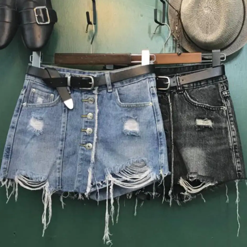 denim shorts skirt summer 2021 new single-breasted washed high waist a-line jeans mini | Женская одежда
