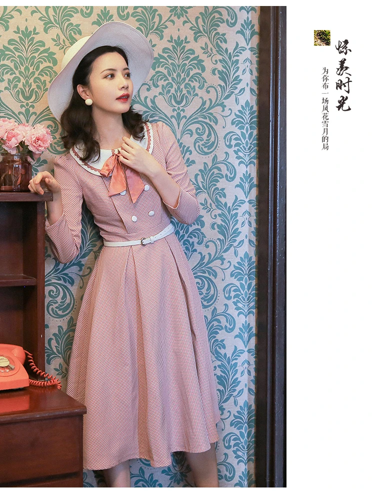 Осень, новинка, vestido, женские платья, Ретро стиль, Питер Пэн, воротник, в клетку, тонкий, длинный рукав, платье