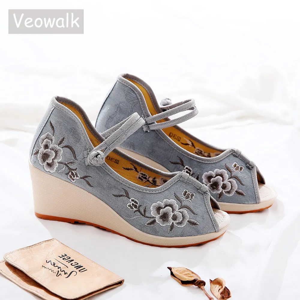 

Veowalk Women Jacquard Embroidered Peep Toe Wedge Sandals 6.5cm Platform Instep Strap Ladies Comfort Summer Canvas Costume Shoes