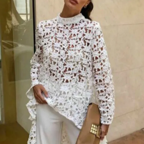 Женская кружевная ажурная футболка Длинная летняя с длинным рукавом одежда для