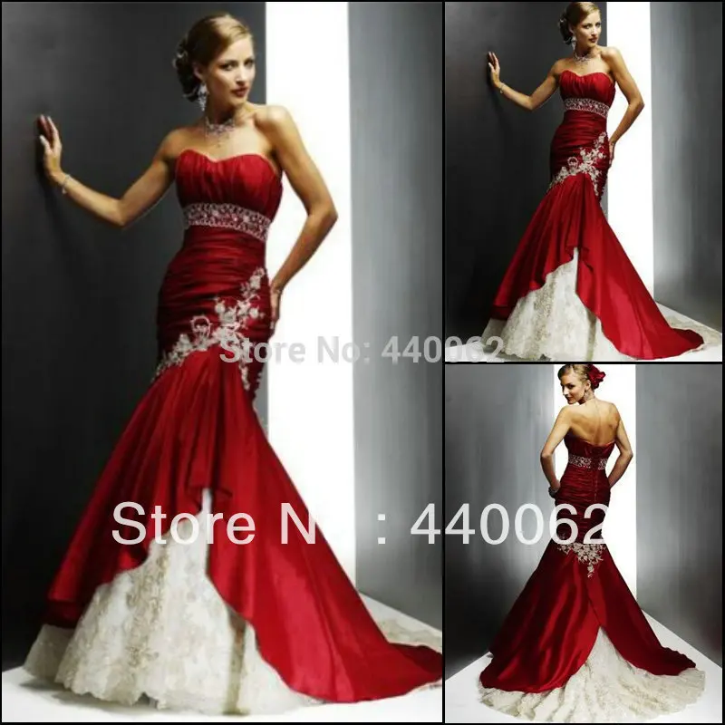 Свадебное платье Марии на заказ элегантное красное без бретелек из тафты