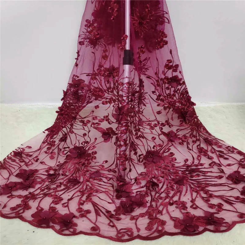 

Lake Blue French Lace Fabrics pink beads High Quality African Net Lace With Soft 3D Flowers Nigeria Tulle Mesh Wedding Dress
