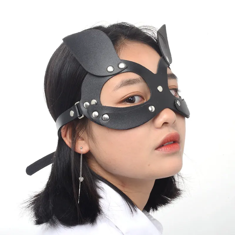 MK08 Rivet Кожаная кошачья маска с ушками готическая Сексуальная маска на половину лица лисица БДСМ фетиш кошачья женщина Маска Карнавал Хэллоуин маски для вечеринки-маскарада - Цвет: MK08 Rivet