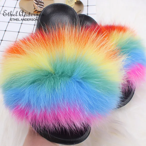 Rainbow Color Ethel Anderson леди пушистые тапочки реального енота Мех животных направляющие Летние повседневные сланцы хорошее качество пляжные сандалии плюш - Цвет: Rainbow Color